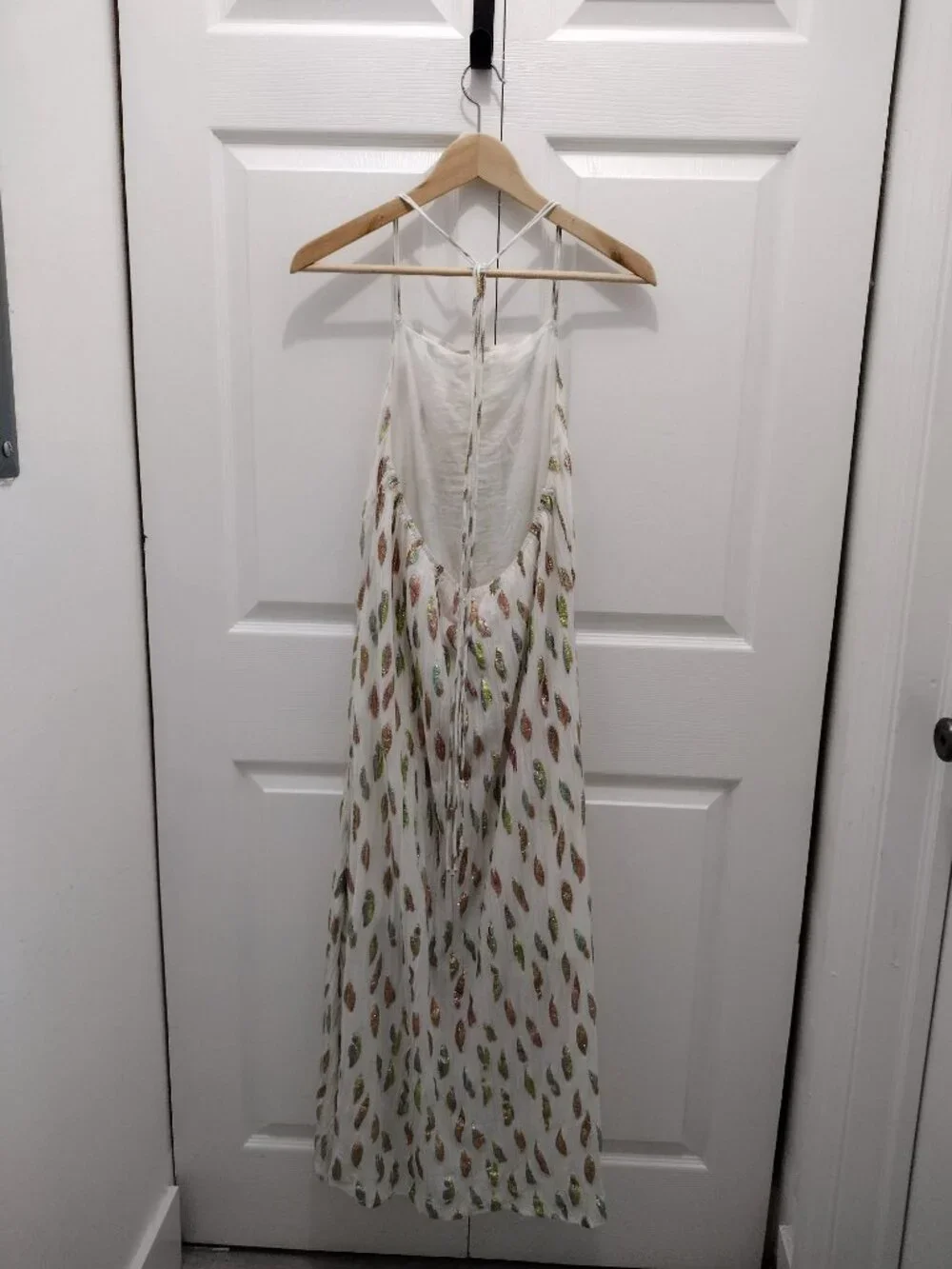 PQ Swim Chantel Dress Metallic Leaf Halter Open Back Crinkle Chiffon M/L - Picture 7 of 14